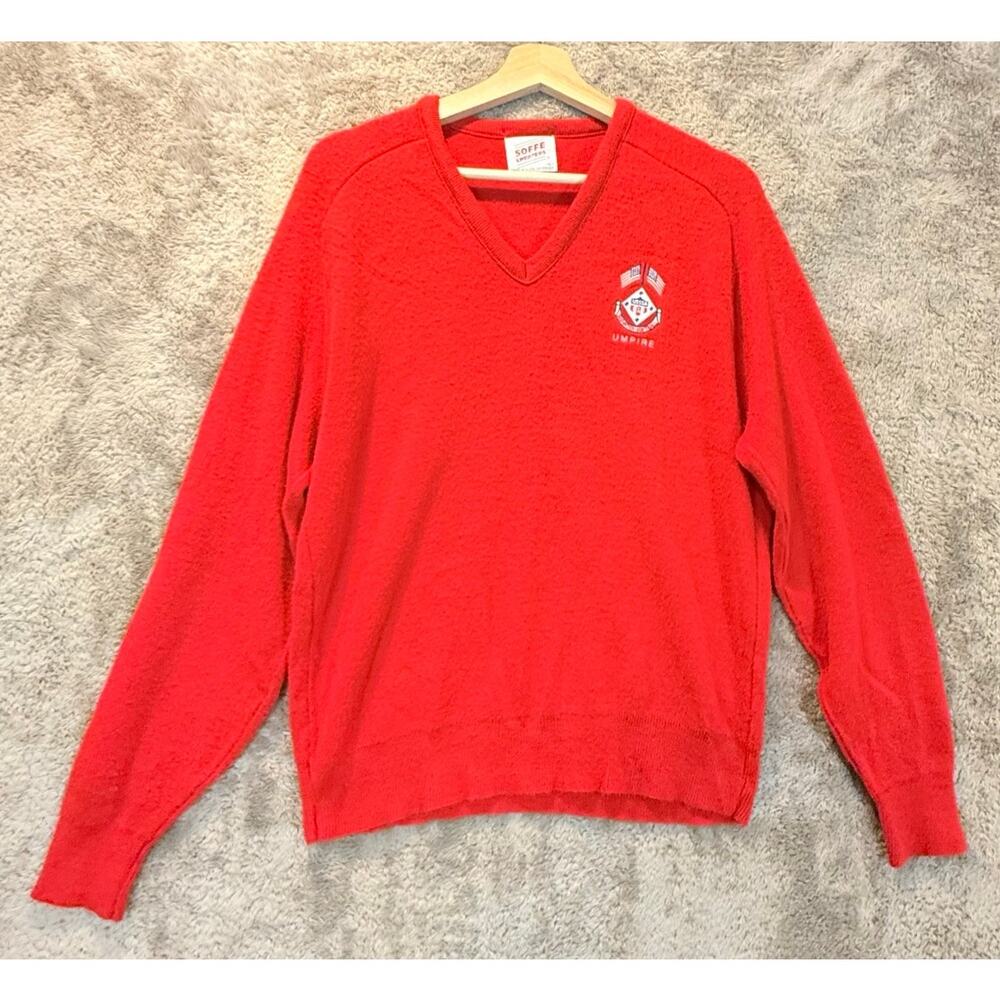 Vintage Soffe Sweaters Red V Neck Pullover L USSSA SloPitch Softball Umpire